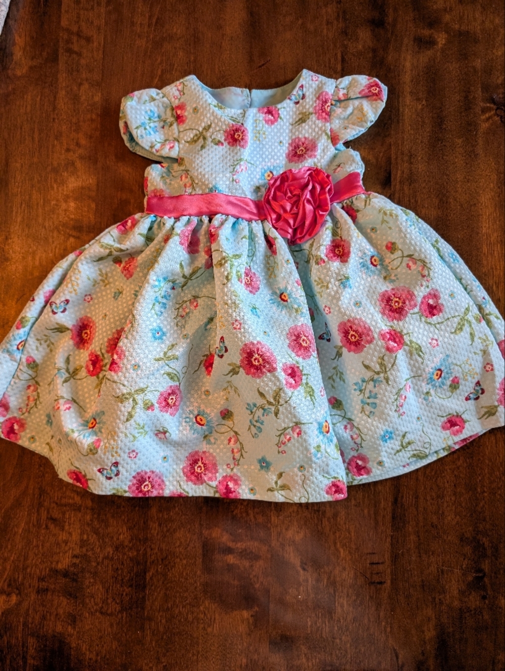 Floral Pink & Light Blue Baby Dress with Satin Rose/ 12 Months